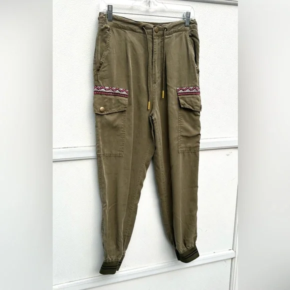 Desigual Cargo Pants Women M Olive Green Embroidered Tribeca Joggers Boho Casual - Picture 10 of 12